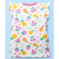 Babyhug Cotton Knit Frill Sleeves  Shorts Night Suit With Tropical Theme Print - White