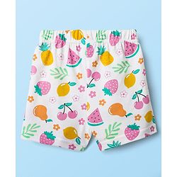 Babyhug Cotton Knit Frill Sleeves  Shorts Night Suit With Tropical Theme Print - White