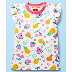 Babyhug Cotton Knit Frill Sleeves  Shorts Night Suit With Tropical Theme Print - White