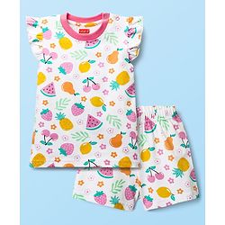 Babyhug Cotton Knit Frill Sleeves  Shorts Night Suit With Tropical Theme Print - White