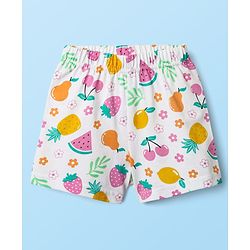 Babyhug Cotton Knit Frill Sleeves  Shorts Night Suit With Tropical Theme Print - White