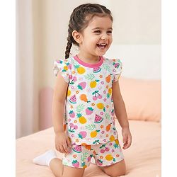 Babyhug Cotton Knit Frill Sleeves  Shorts Night Suit With Tropical Theme Print - White
