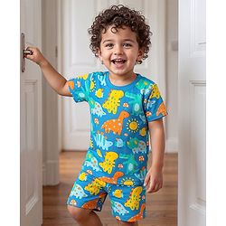 Babyhug Cotton Knit Half Sleeves Co-Ord Shorts Night Suit with Dino Print - Blue