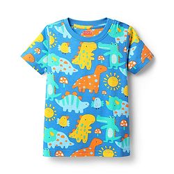 Babyhug Cotton Knit Half Sleeves Co-Ord Shorts Night Suit with Dino Print - Blue