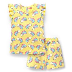 Babyhug Cotton Knit Frill Sleeves Co-ords Shorts Night Suit With Rainbow Print - Yellow
