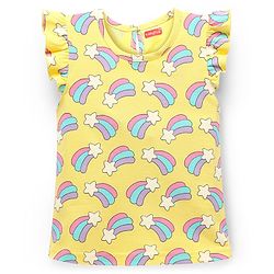 Babyhug Cotton Knit Frill Sleeves Co-ords Shorts Night Suit With Rainbow Print - Yellow