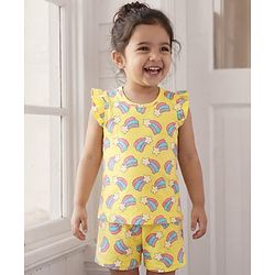 Babyhug Cotton Knit Frill Sleeves Co-ords Shorts Night Suit With Rainbow Print - Yellow