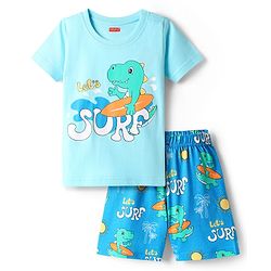 Babyhug Cotton Knit Half Sleeves Shorts Night Suit with Dino Print - Blue