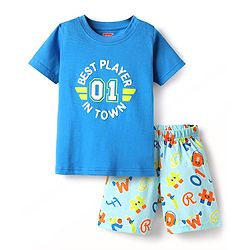 Babyhug Cotton Knit Half Sleeves Shorts Night Suit With Text Print - Blue