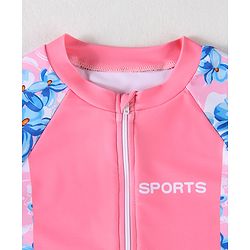 Babyhug Half Raglan Sleeves Legged Swimsuit With Floral Print - Pink