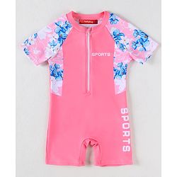Babyhug Half Raglan Sleeves Legged Swimsuit With Floral Print - Pink