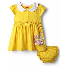 Babyhug Single Jersey Knit Half Sleeves Bunny Printed Frock With Bloomer - Yellow
