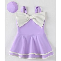 Babyhug Sleeveless Frock Swimsuit With Bow Applique & Cap - Purple