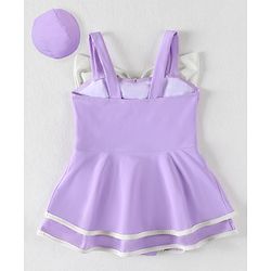 Babyhug Sleeveless Frock Swimsuit With Bow Applique & Cap - Purple