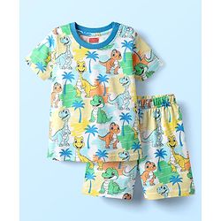 Babyhug Cotton Knit Half Sleeves Co-ords Shorts Night Suit With Animal Print - Multicolor