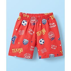Babyhug Cotton Knit Half Sleeves Shorts Night Suit With Football & Cartoon Print - Red