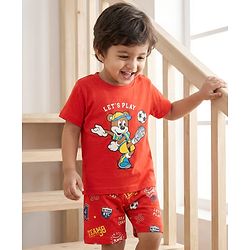 Babyhug Cotton Knit Half Sleeves Shorts Night Suit With Football & Cartoon Print - Red