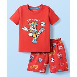Babyhug Cotton Knit Half Sleeves Shorts Night Suit With Football & Cartoon Print - Red