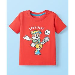 Babyhug Cotton Knit Half Sleeves Shorts Night Suit With Football & Cartoon Print - Red