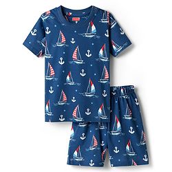 Babyhug Cotton Knit Half Sleeves Co-ords Shorts Night Suit with Nautical Theme Print - Navy Blue