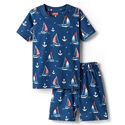 Babyhug Cotton Knit Half Sleeves Co-ords Shorts Night Suit with Nautical Theme Print - Navy Blue