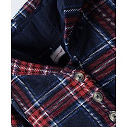 Babyhug Cotton Woven Full Sleeves Hooded Front Open Checks Frock With Belt - Navy Blue & Red