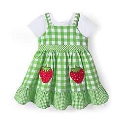 Babyhug Cotton Woven Checks Frock & Half Sleeves Inner Tee With Strawberry Embroidery - Green & White