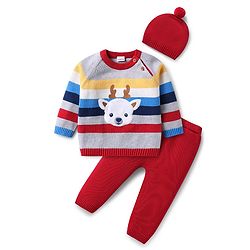 Babyhug Organic Cotton Knit Raglan Sleeves Sweater Set with Cap Reindeer Patch & Stripes - Grey & Red