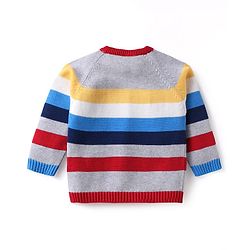 Babyhug Organic Cotton Knit Raglan Sleeves Sweater Set with Cap Reindeer Patch & Stripes - Grey & Red