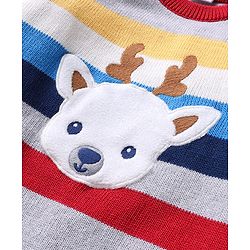 Babyhug Organic Cotton Knit Raglan Sleeves Sweater Set with Cap Reindeer Patch & Stripes - Grey & Red