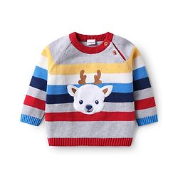Babyhug Organic Cotton Knit Raglan Sleeves Sweater Set with Cap Reindeer Patch & Stripes - Grey & Red