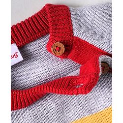 Babyhug Organic Cotton Knit Raglan Sleeves Sweater Set with Cap Reindeer Patch & Stripes - Grey & Red