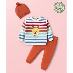 Babyhug Knitted Full Sleeves Pullover Sweater Set With Cap & Reindeer Patch Detailing - Orange