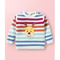 Babyhug Knitted Full Sleeves Pullover Sweater Set With Cap & Reindeer Patch Detailing - Orange