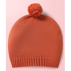 Babyhug Knitted Full Sleeves Pullover Sweater Set With Cap & Reindeer Patch Detailing - Orange