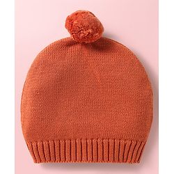 Babyhug Knitted Full Sleeves Pullover Sweater Set With Cap & Reindeer Patch Detailing - Orange