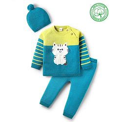 Babyhug Organic Cotton Knit Full Raglan Sleeves Sweater Set with Cap & Cat Patch Detailing - Teal Blue