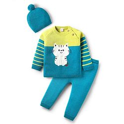 Babyhug Organic Cotton Knit Full Raglan Sleeves Sweater Set with Cap & Cat Patch Detailing - Teal Blue