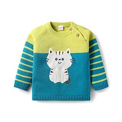Babyhug Organic Cotton Knit Full Raglan Sleeves Sweater Set with Cap & Cat Patch Detailing - Teal Blue