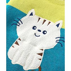 Babyhug Organic Cotton Knit Full Raglan Sleeves Sweater Set with Cap & Cat Patch Detailing - Teal Blue