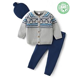Babyhug Knit Full Sleeves Sweater Set with Cap & Penguin Design - Grey & Navy Blue