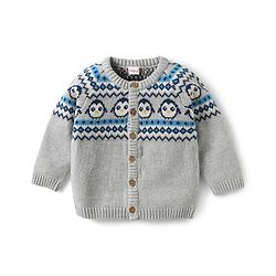 Babyhug Knit Full Sleeves Sweater Set with Cap & Penguin Design - Grey & Navy Blue