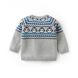 Babyhug Knit Full Sleeves Sweater Set with Cap & Penguin Design - Grey & Navy Blue