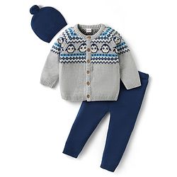Babyhug Organic Cotton Knitted Full Sleeves Sweater Set with Cap & Penguin Design - Grey & Navy Blue