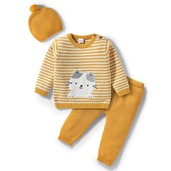 Babyhug Organic Cotton Knitted Full Sleeves Striped Pullover Sweater Set With Kitty Patch Detailing & Cap - Golden