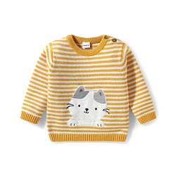 Babyhug Organic Cotton Knitted Full Sleeves Striped Pullover Sweater Set With Kitty Patch Detailing & Cap - Golden