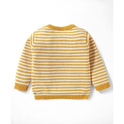 Babyhug Organic Cotton Knitted Full Sleeves Striped Pullover Sweater Set With Kitty Patch Detailing & Cap - Golden