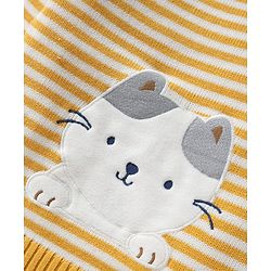 Babyhug Organic Cotton Knitted Full Sleeves Striped Pullover Sweater Set With Kitty Patch Detailing & Cap - Golden
