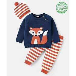 Babyhug Organic Cotton Knitted Full Raglan Sleeves Pullover Sweater Set with Cap Striped & Fox Design - Royal Blue & Orange