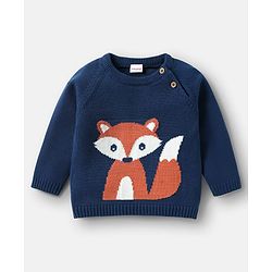 Babyhug Organic Cotton Knitted Full Raglan Sleeves Pullover Sweater Set with Cap Striped & Fox Design - Royal Blue & Orange
